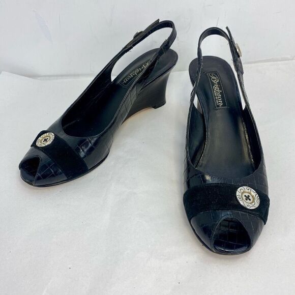 Vintage Brighton Nigel Wedge Heels Croc Embossed Black Leather Slingback Sandals - Picture 1 of 8